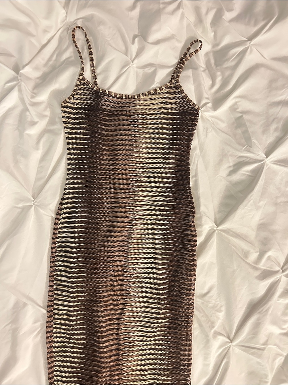 Women Brown Mesh Cream Cover Up Knit See through Colossus Maxi Dress Stripe - Picture 3 of 3